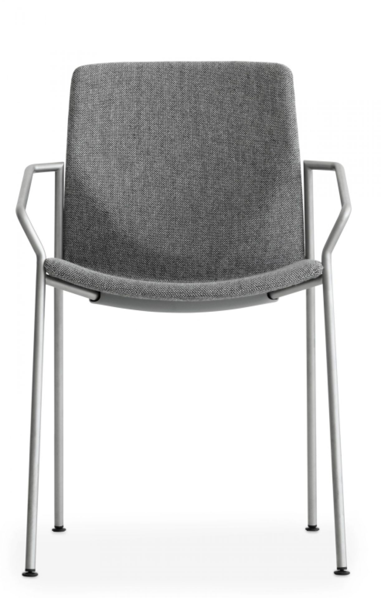 Grauer Kai Stuhl, vollgepolstert, mit Armlehnen und Metallgestell. Moderner Stuhl für Büro und Wohnbereich.